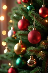 Shiny Christmas Ornaments Reflecting Festive Lights on a Decorated Tree, AI Generation