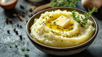 A comforting bowl of creamy mashed potatoes, topped with a square of butter and fresh herbs, delivering a warm, inviting, and classic culinary experience.