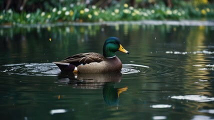 Fototapeta premium A male mallard duck swims in a pond with ripples reflecting the surrounding greenery.
