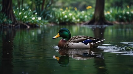 Obraz premium A single mallard duck swims in a calm pond, its reflection mirroring the green water. The surrounding forest provides a verdant backdrop with blurred yellow flowers peeking through the foliage.