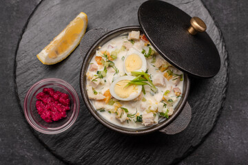 Okroshka on kefir with quail eggs