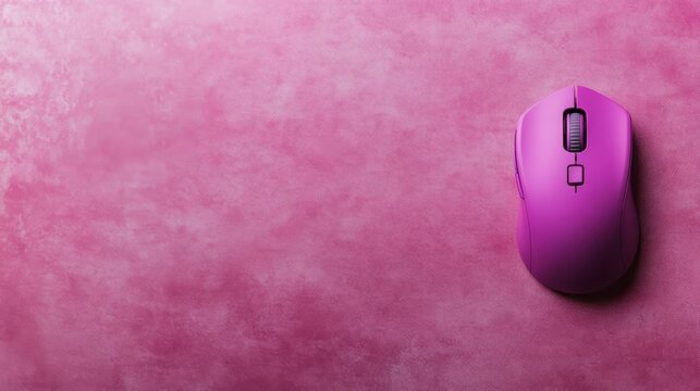 A vibrant purple computer mouse rests on a soft pink velvet surface, highlighted by a subtle gradient effect that creates a playful atmosphere, ensuring ample copy space for design elements