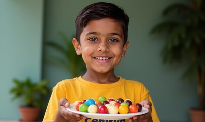 Young Indian boy with a big smile displaying a plate of assorted candies for his friends to share