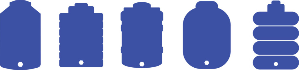 Blue water tank icons set flat vector collection isolated on transparent background. water gallon element graphic design. Plastic material large bag for water saving, house storage