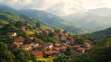 Fototapeta premium A picturesque view of a quaint village nestled in green mountains, where tiny houses with red-tiled rooftops create a charming and tranquil landscape.