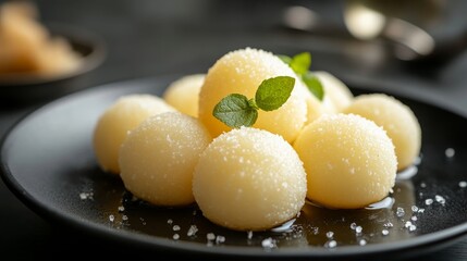 The image features round sweet dessert balls drenched in syrup, topped with mint leaves, creating a delightful and inviting sweet treat presentation.