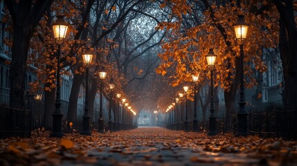 A serene street scene depicting a row of glowing lampposts against a backdrop of golden autumn...