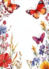Obraz premium Colorful butterflies and vibrant flowers create a cheerful floral illustration.