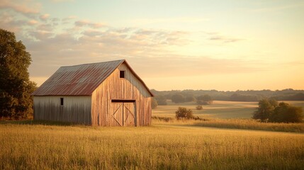 Fototapeta premium Sunrise over a tranquil countryside featuring a rustic barn, bathed in warm golden light, capturing a serene moment that epitomizes simplicity and rural life.
