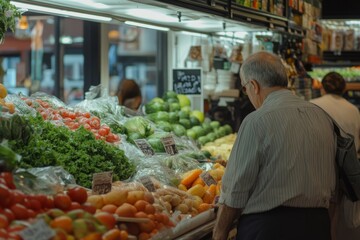 Obraz premium Elderly man examining fresh vegetables at a local market, surrounded by vibrant produce.