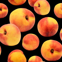 Nectarine seamless pattern for design. Juicy fresh whole fruit. Summer print wallpaper. Top and side view