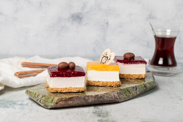 Mini fruit dessert on gray background