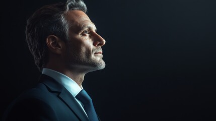 A mature man in a formal suit gazes contemplatively into the dark, highlighting wisdom and introspection, capturing a moment of deep thought and reflection.
