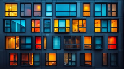 A vibrant building facade showcasing colorful illuminated windows at night, creating a dynamic interplay between warm and cool tones in an urban setting.