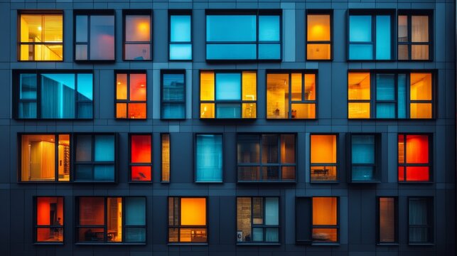 A vibrant building facade showcasing colorful illuminated windows at night, creating a dynamic interplay between warm and cool tones in an urban setting. - Powered by Adobe