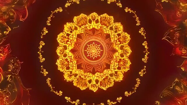 Symmetrical mandala with concentric circles and celestial patterns on a dark background