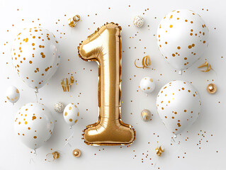 Gold and white themed celebration with large number one balloon and confetti. AI-generated