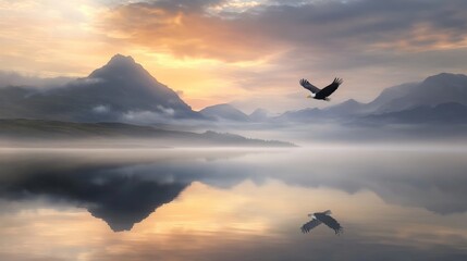Majestic Mountain Lake at Sunset with Soaring Eagle