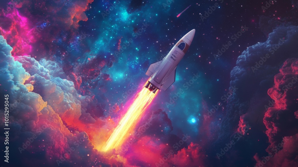 Poster a rocket ascends through a stunning, colorful galaxy, surrounded by luminous clouds and celestial hu