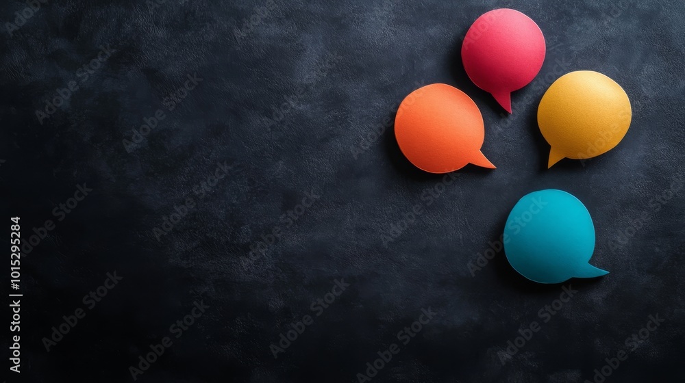 Aufkleber four colorful speech bubbles in red, blue, green, and yellow are centered on a dark grey backdrop, c