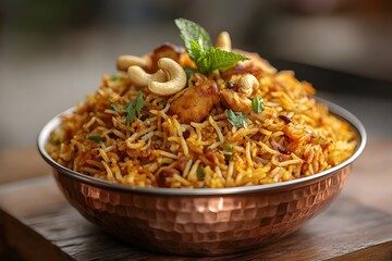 Biryani in copper bowl with herbs and nuts