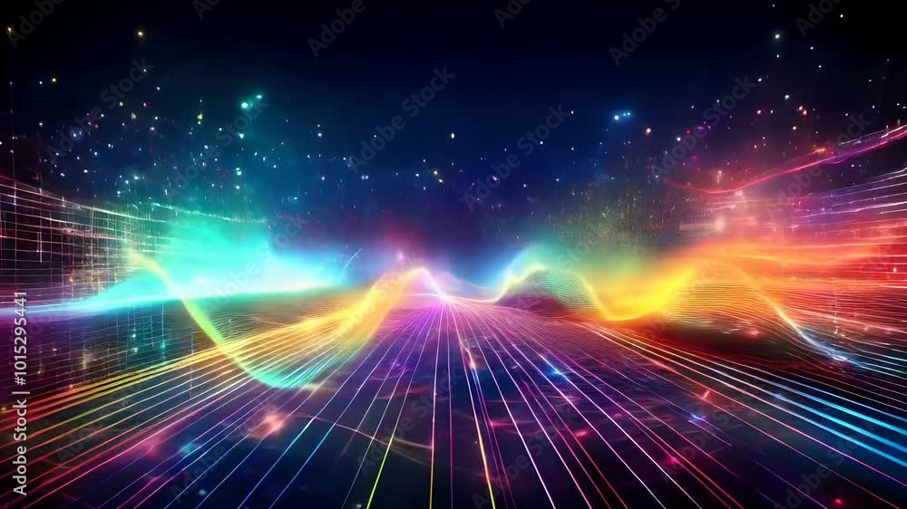 Poster neon-themed data network background with bright, glowing lines and dots in a futuristic style