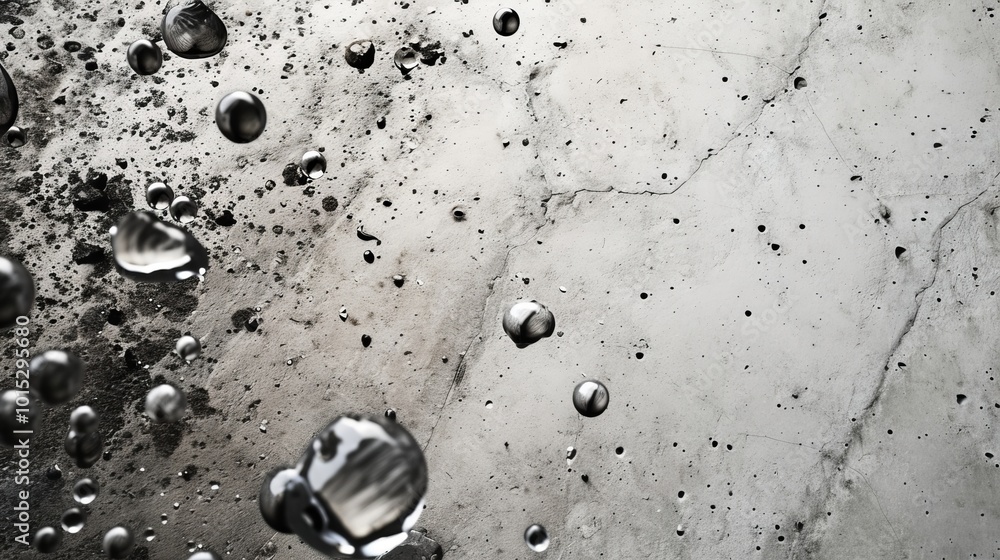Poster water droplets scattered across a gray, textured surface, creating an abstract visual effect. the in