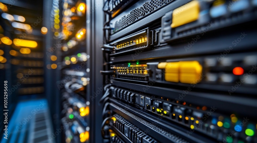 Poster modern server room environment, network hardware with led lights, servers stacked in data center