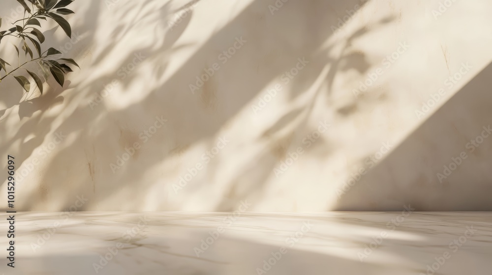 Poster warm neutral tones with soft shadows and a touch of greenery create a serene atmosphere.