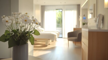 Bright and airy hotel room with a vase of white flowers in the foreground.
