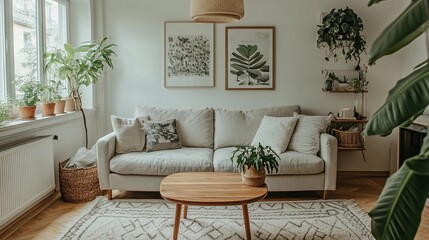 Scandinavian-inspired living room, neutral color palette, plush sofa, wooden coffee table, indoor plants, simple and functional decor, warm and inviting space