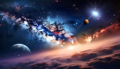 Vastness of the universe, featuring galaxies, stars, nebulae, and planets, symbolizing cosmic exploration, astronomy, and the mysteries of space.