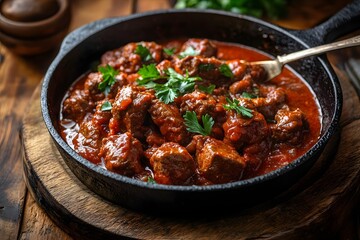 Fototapeta premium Savory beef stew with vegetables and herbs