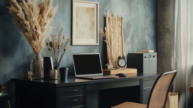 A chic arrangement of a home office featuring a black wooden desk, chair, laptop, mock-up poster frame, cup of coffee, dried flower in a vase, and tasteful office accessories. model.
