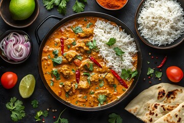 Delicious indian chicken curry with rice and naan
