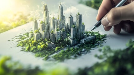 Urban planner implementing sustainable strategies for ecofriendly city development. Concept Sustainable Development, City Planning, Ecofriendly Strategies, Urban Design, Environmental Conservation