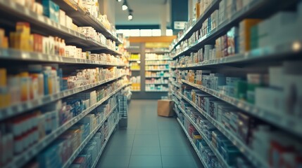 Fototapeta premium A wide aisle of a pharmacy filled with various health and wellness products.
