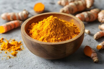 Turmeric powder in wooden bowl