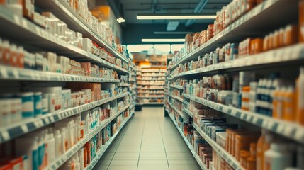 Fototapeta premium Aisle filled with various personal care and health products in a pharmacy.