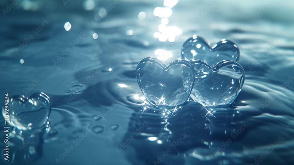 Poster three translucent heart-shaped objects floating serenely on the rippling surface of the water. the s