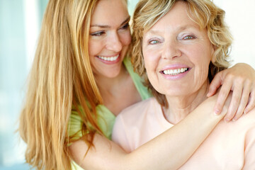 Home, senior mother and woman in portrait for love, funny memory and bonding together with hug....