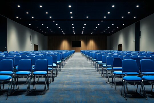 Empty conference hall with blue chairs ready for event