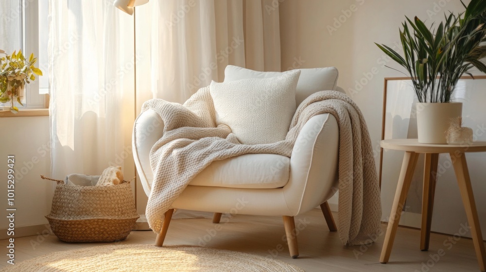 Poster a white armchair with a soft throw blanket draped over it sits in front of a window. the armchair ha