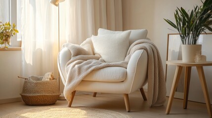 Obraz premium A white armchair with a soft throw blanket draped over it sits in front of a window. The armchair has a pillow on it and sits on a light brown rug