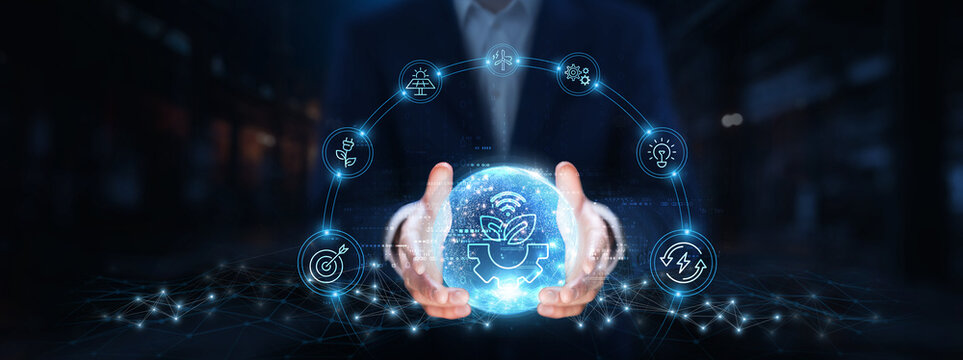 Agriculture Technology: Businessman hands hold global agriculture technology, precision farming, sustainability, data analytics, automation, crop monitoring, irrigation systems, resource management.