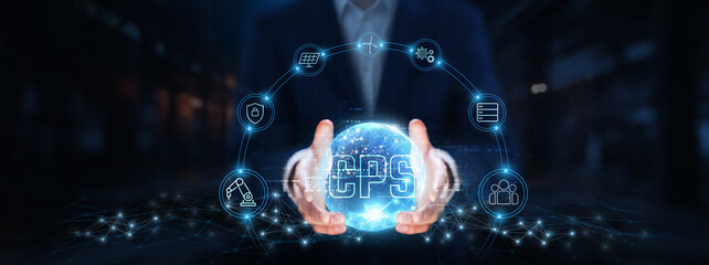 CPS (Cyber-Physical Systems): Businessman hands hold global CPS technology, integration, automation, real-time monitoring, data analysis, interconnectivity, efficiency, intelligence.