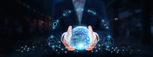 Hosting: Businessman hands hold global hosting technology, server management, cloud storage, uptime, bandwidth, scalability, data security, performance.