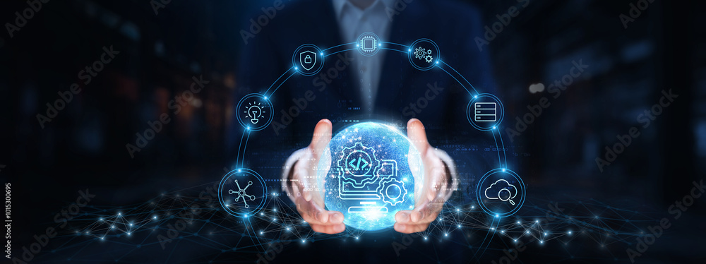 Poster software development: businessman hands hold global software development technology, agile methodolo