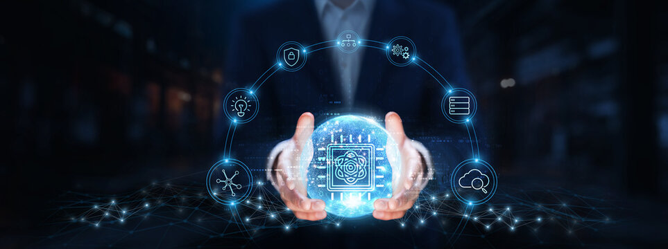 Quantum Computing: Businessman hands hold global quantum computing technology, superposition, entanglement, parallel processing, cryptography, optimization, algorithms, innovation.