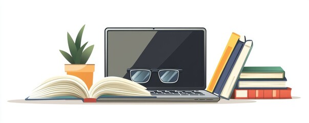 Cartoon illustration of an open book with quirky glasses, representing knowledge and imagination